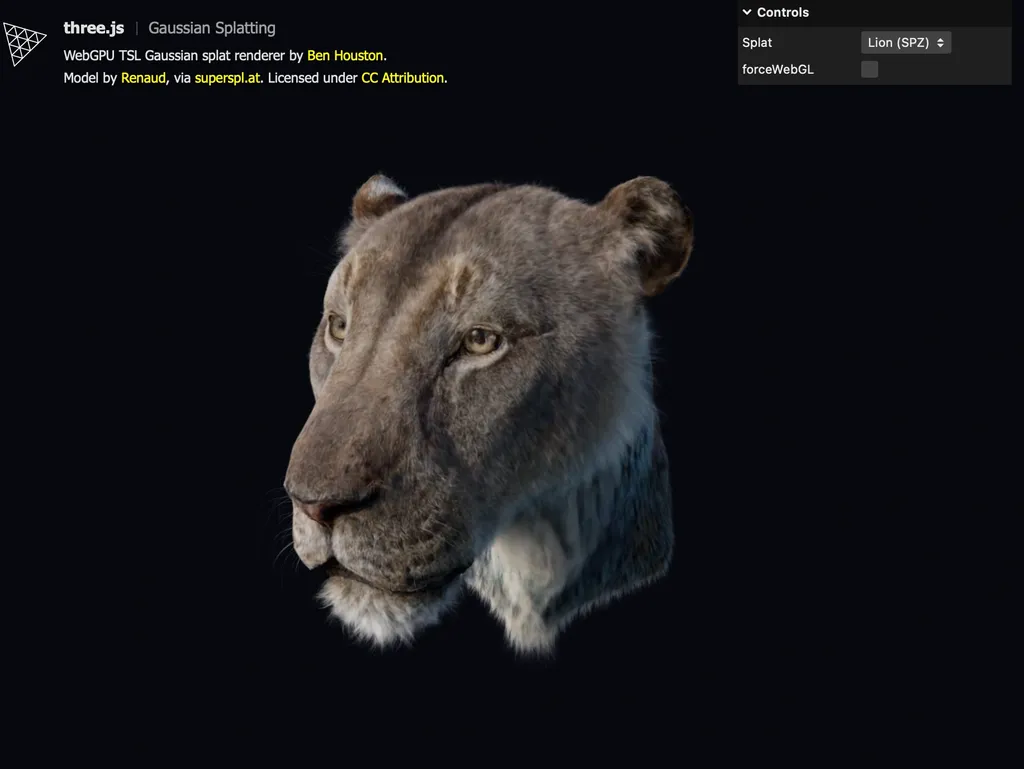 Lion Gaussian splat rendered in Three.js