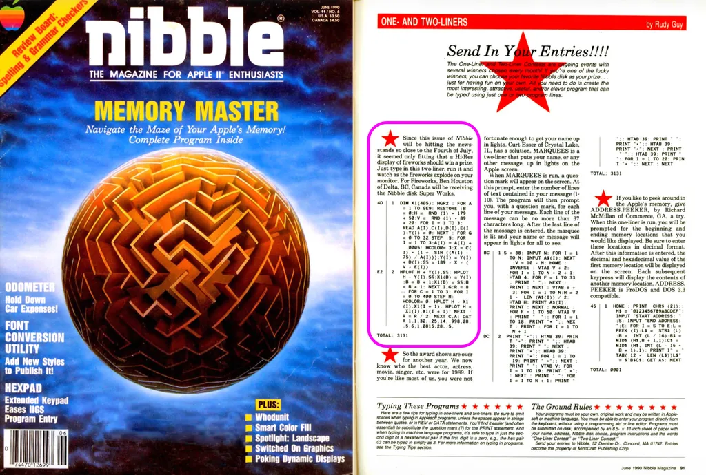 Nibble Magazine June 1990, fireworks two-liner contest entry